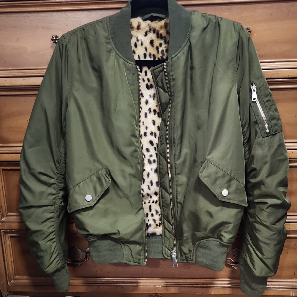 Topshop Olive Green Jacket with Leopard Print